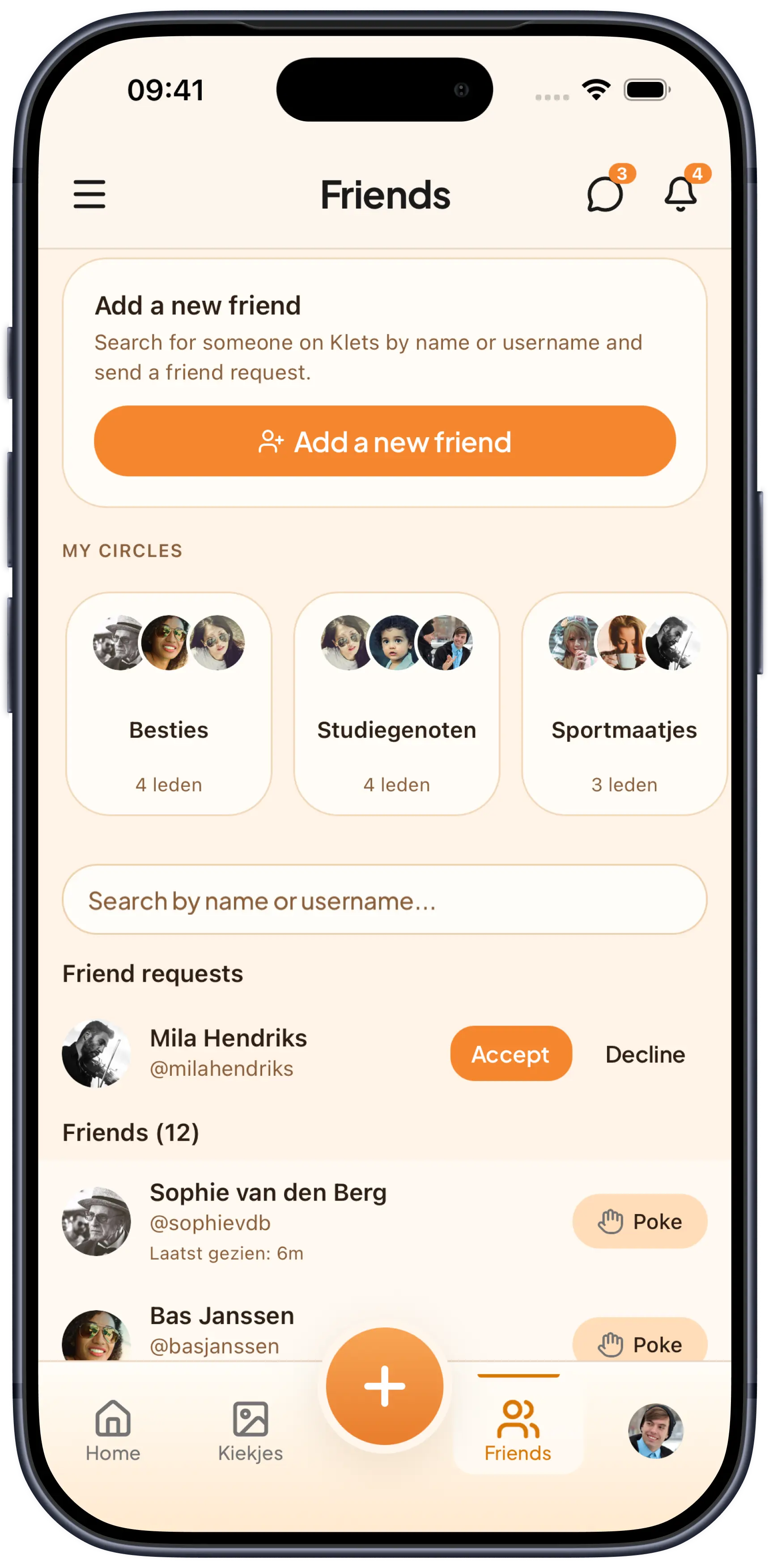 Vrienden-scherm van de Klets app